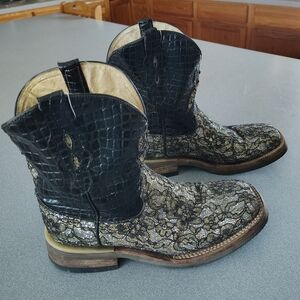 FERRINI Woman Cowgirl Rodeo Leather Boots 8.5 Black Silver Gold Glitter Lace